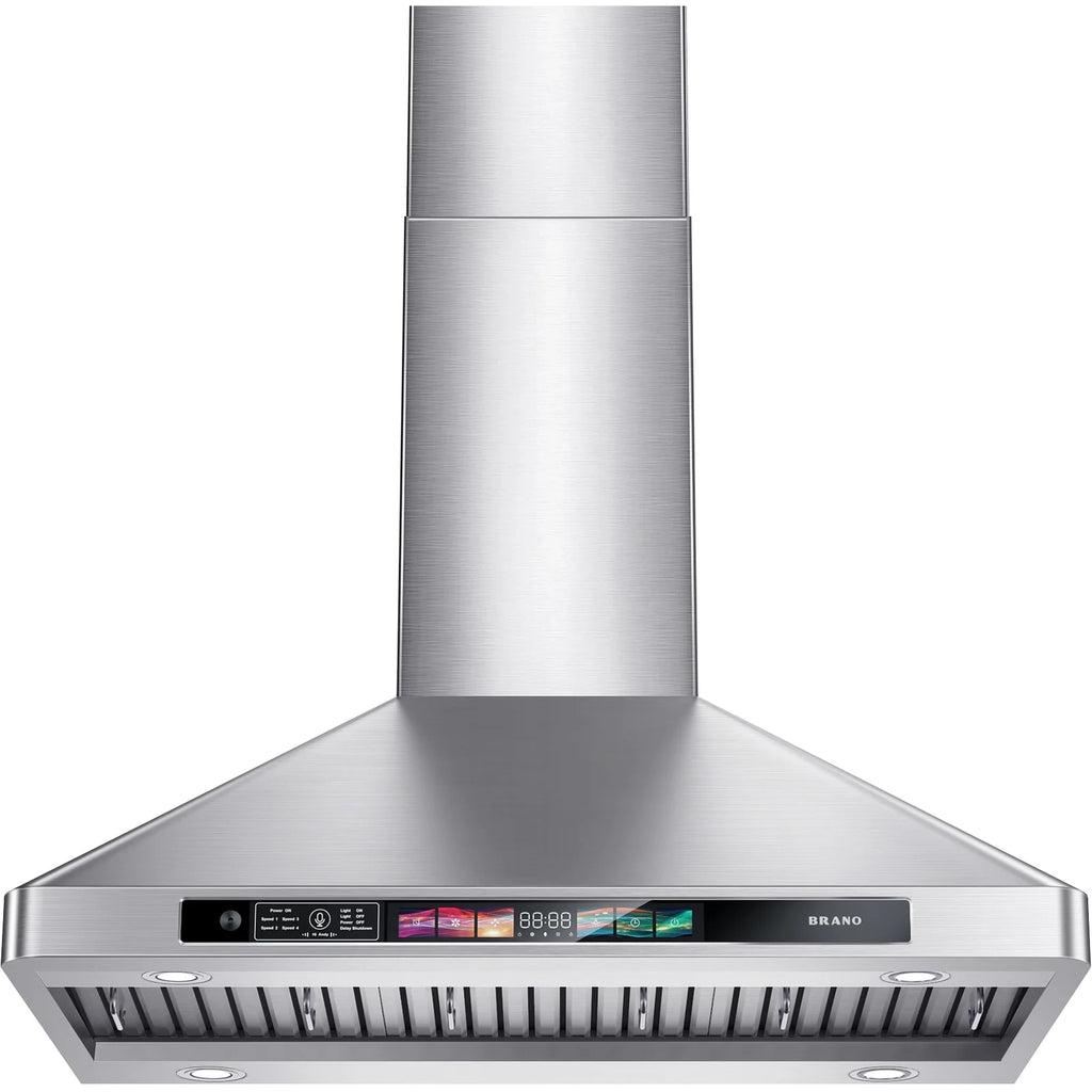 BRANO 30 Inch Wall Mount Range Hood Stainless Steel Hood, 900 CFM, Voice Control, 4-Speed