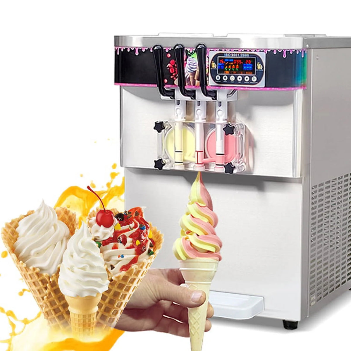 Kolice Countertop Yougurt 3 Flavors Soft Serve Ice Cream Machine-Upper Tanks Refrigerated,ETL Certificate