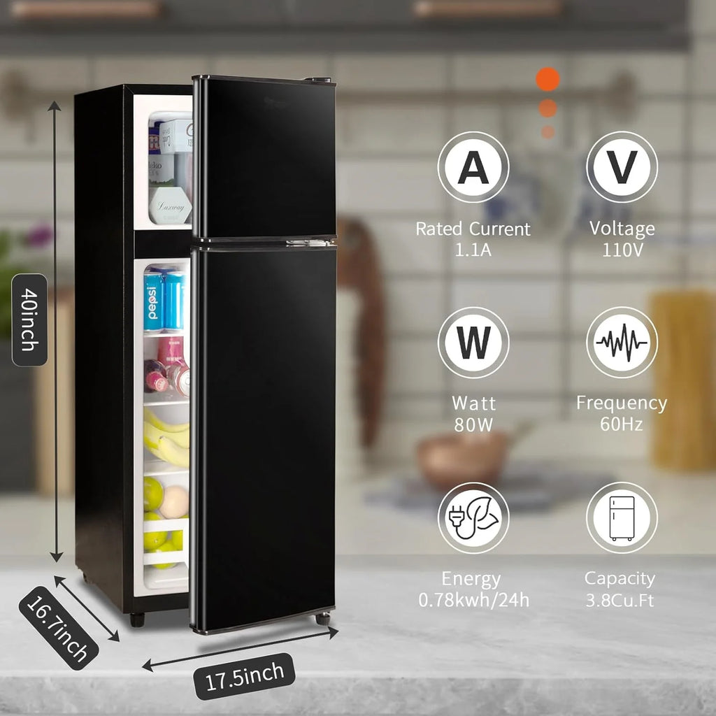 GGTB 3.5 Cu.Ft Fridge with Freezer, Double Door Refrigerator with 6 Level Thermostat, LED Light, Adjustable Glass Shelves for Bedroom, Office, Dorm, Apartment, Silver