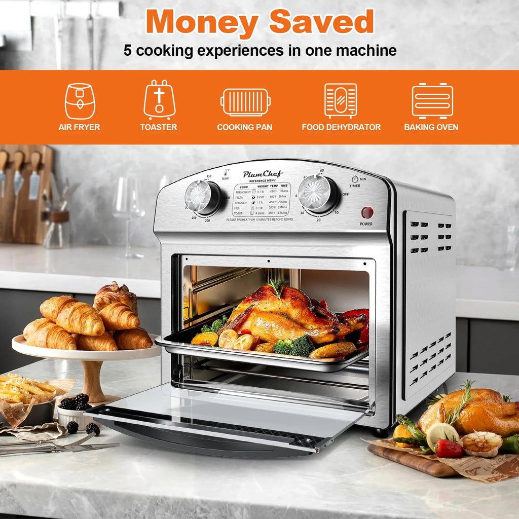 PlumChef 13 Quart 4 Slices Air Fryer Convection Toaster Oven, 1500W, 7 in 1 Multifunction with Roast, Bake, Grill, Broil, Toast, Dehydrate, Defrost, Stainless Steel