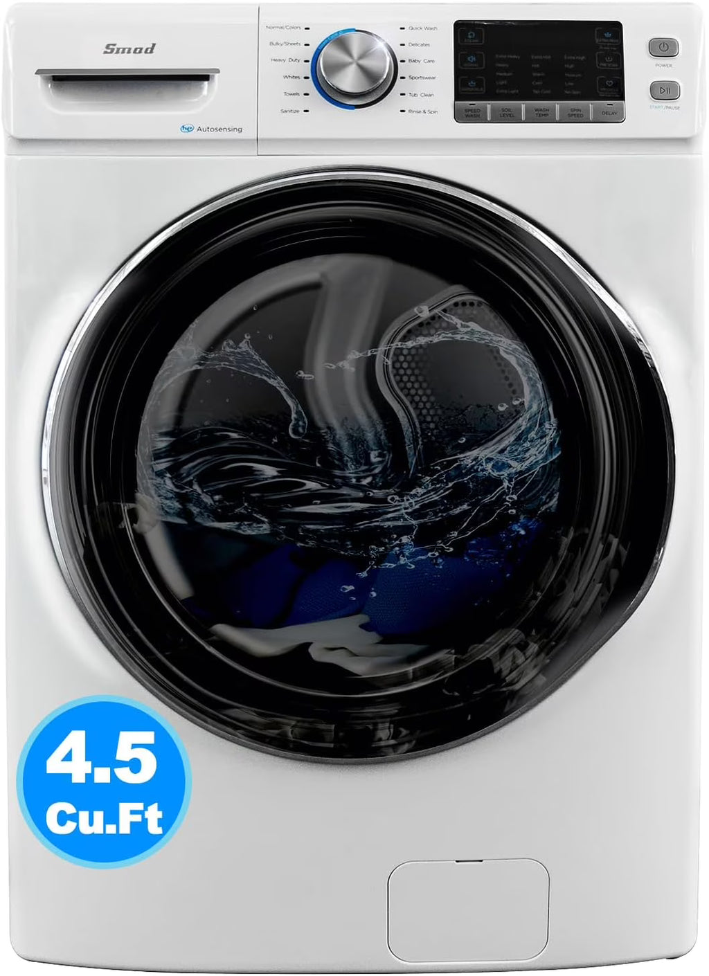 Smad 27 in 120V 4.5 Cu ft Front Load Quick Washing Machine, Quiet Inverter Motor, Steam and Water Plus Functions