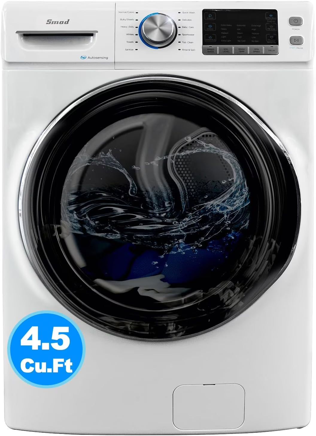 Smad 27 in 120V 4.5 Cu ft Front Load Quick Washing Machine, Quiet Inverter Motor, Steam and Water Plus Functions