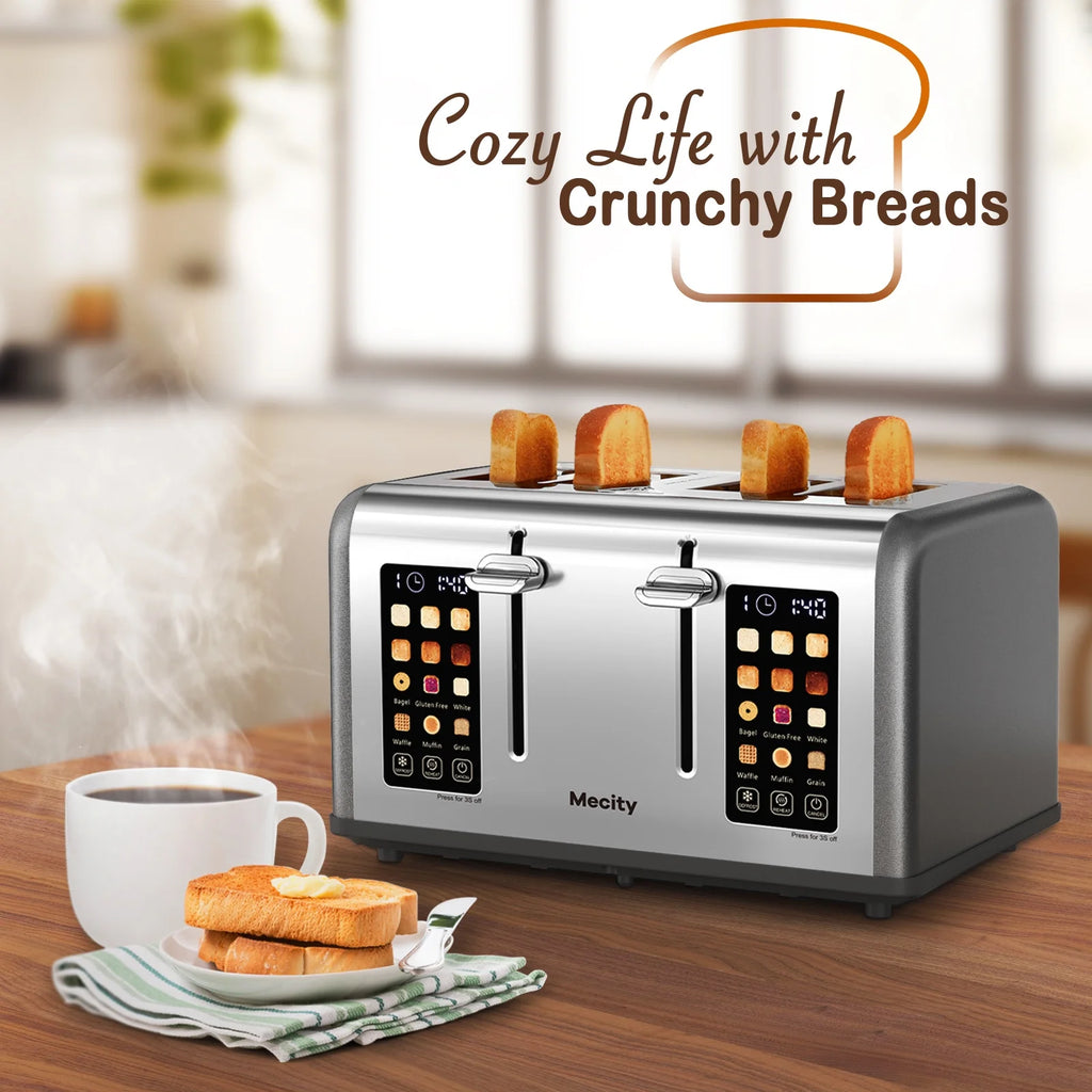 Mecity 4-Slice Touchscreen Toaster, Stainless Steel, 6 Browning Settings, Reheat, Cancel, Defrost, Removable Tray