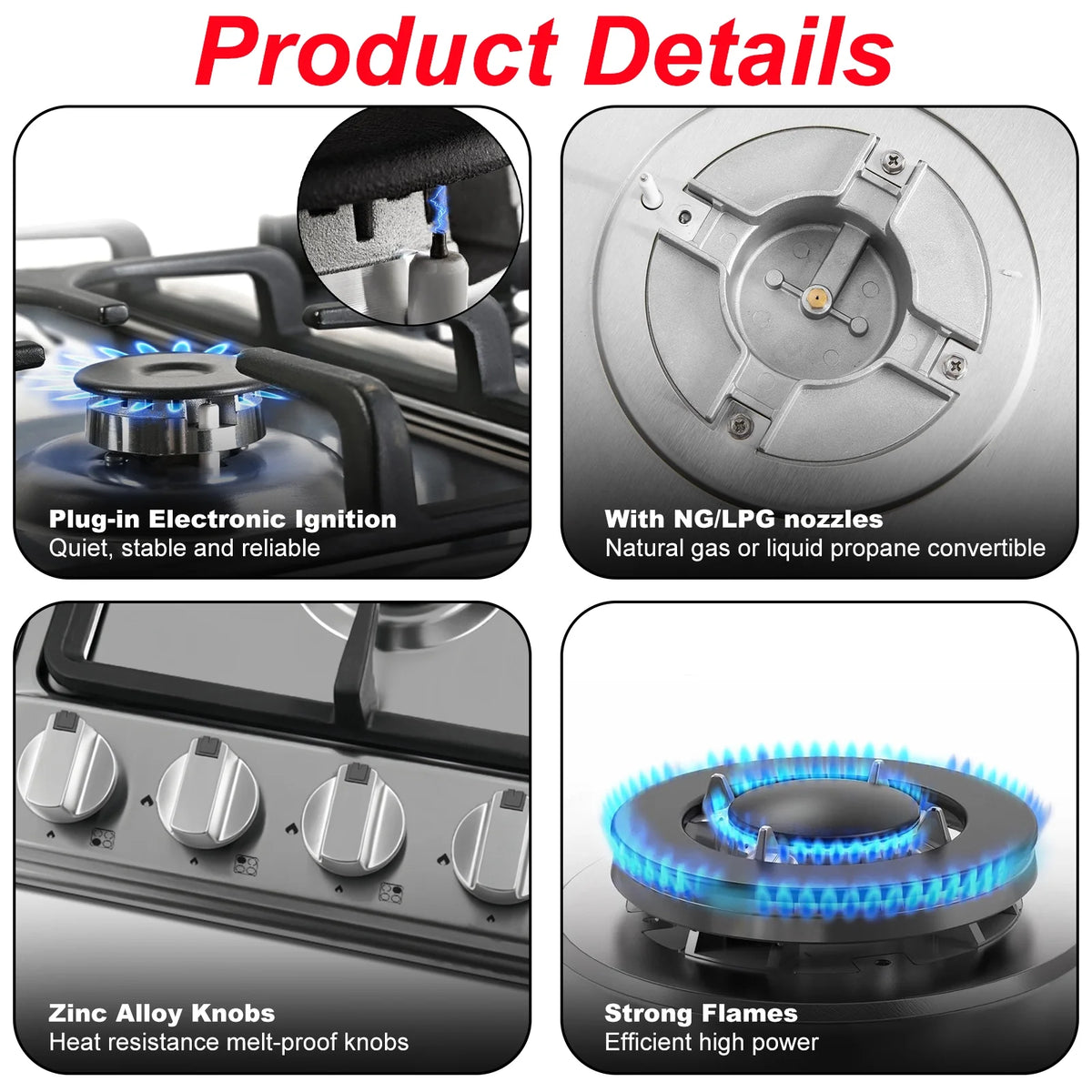 Graceall Gas Stove 24inch Gas Cooktop, NG/LPG Convertible Gas 4 Burners for Propane Gas, Neutral Gas (Pre-installed Propane Nozzles)