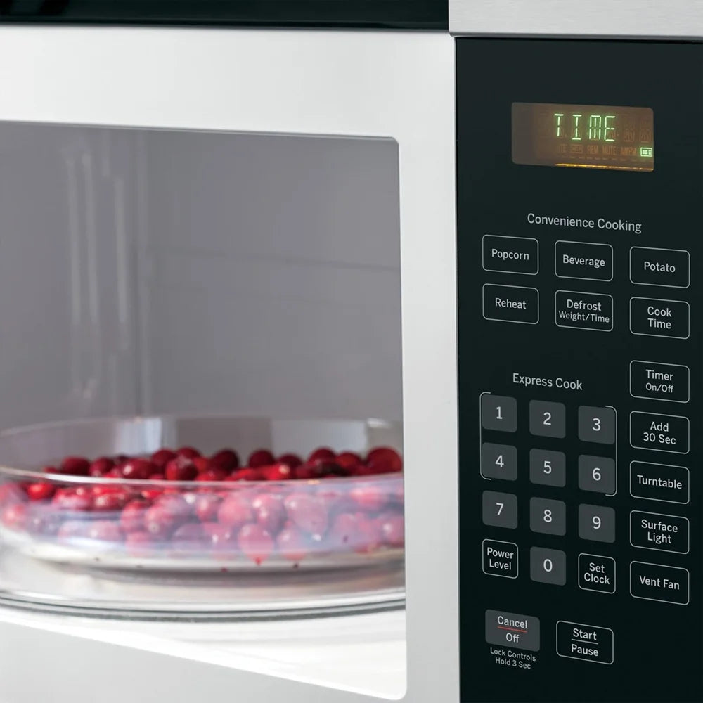 GE JVM3160RFSS 1.6 Cu. Ft. Over-the-Range Microwave Oven Stainless Steel Bundle with Deco Chef Pair of Red Heat Resistant Oven Mitt and 3 YR CPS Enhanced Protection Pack