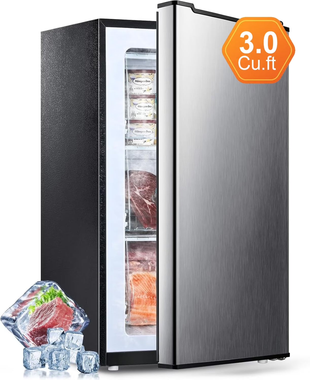 Kcpolre 3.0 Cu.ft Compact Upright Freezer, Mini Freezer with Adjustable Thermostat, Removable Shelves, Reversible Black Door, Ideal for Garage/Dorm/Office/Apartment/Kitchen, Black