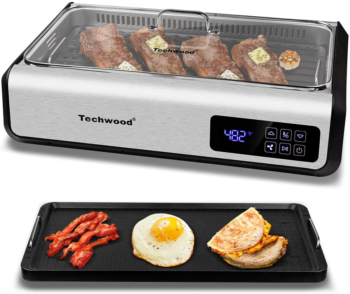 Techwood Indoor Smokeless Grill, 1500W, Black, Electric Portable Korean BBQ Grill with Tempered Glass Lid