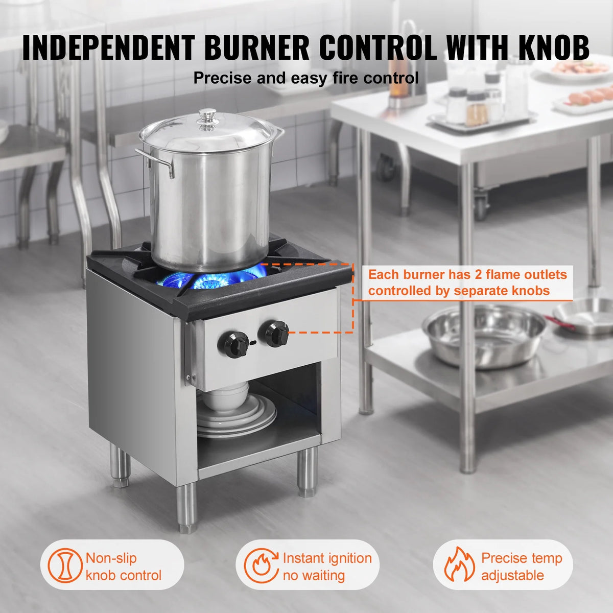 KFFKFF Gas Range for Commercial Kitchens, Dual Fuel Support with Propane & Natural Gas, Stainless Steel Countertop Burner, 90,000 BTU, Includes Storage Cabinet, Ideal for Restaurants