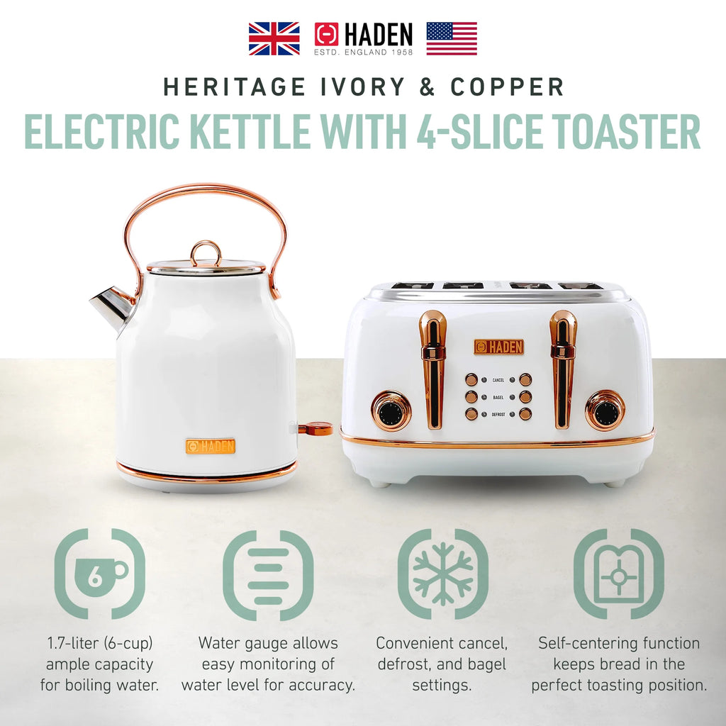 Haden Heritage 1500 1.7 Electric Kettle, Matte Black Finish with Copper Accents