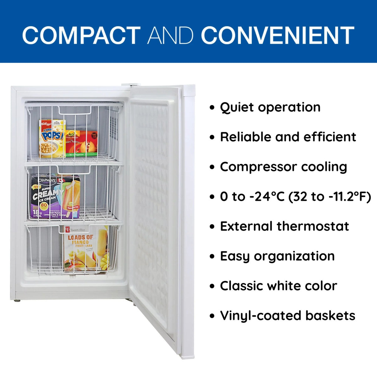 Koolatron Compact Upright Freezer, 3.1 cu ft (88L) White Manual Defrost