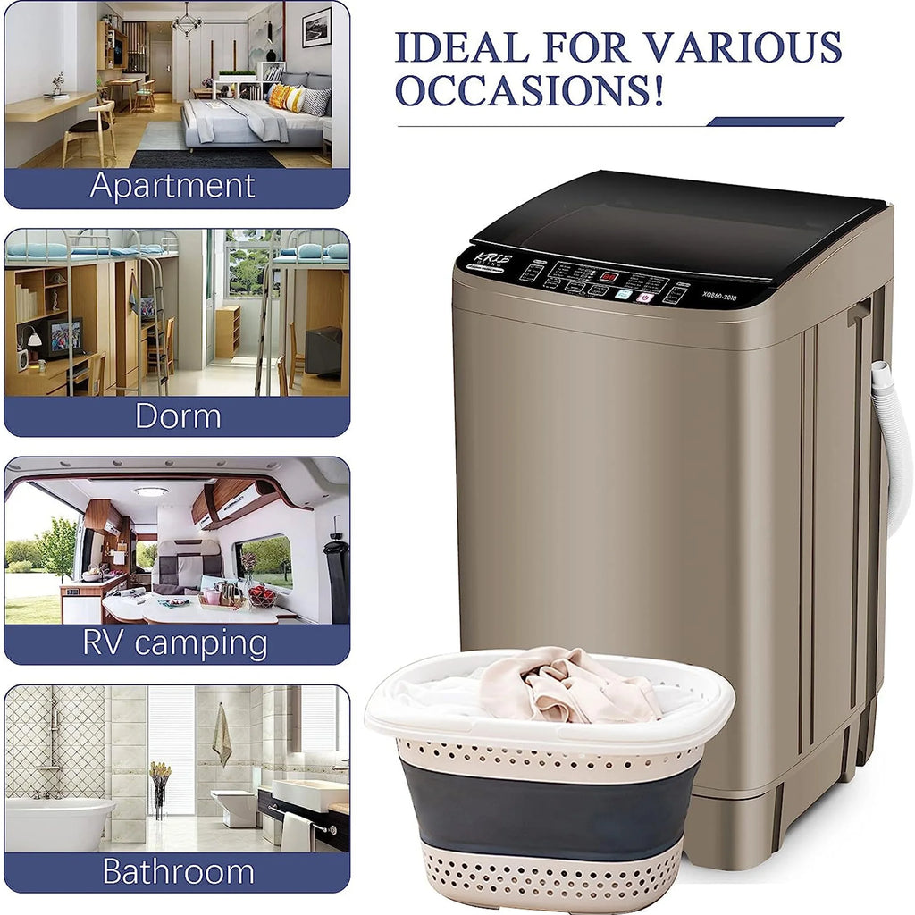 Full-Automatic Washing Machine, Portable Laundry Washer, Compact 17.7 lbs, LED Display, Drain Pump, 10 Wash Programs 8 Water Levels