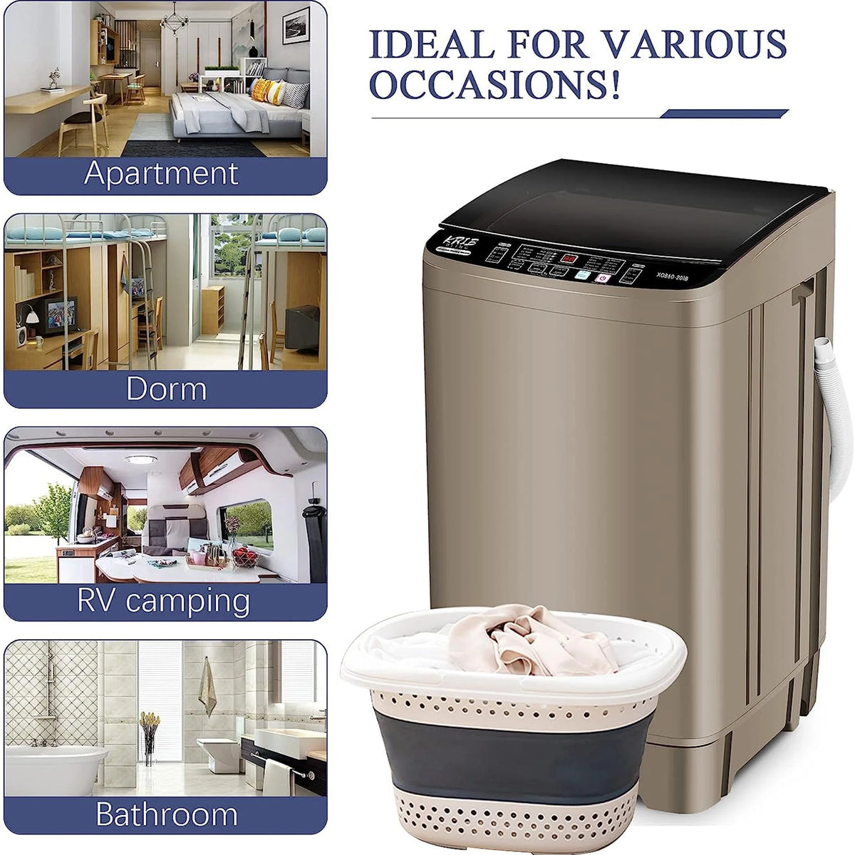 Full-Automatic Washing Machine, Portable Laundry Washer, Compact 17.7 lbs, LED Display, Drain Pump, 10 Wash Programs 8 Water Levels