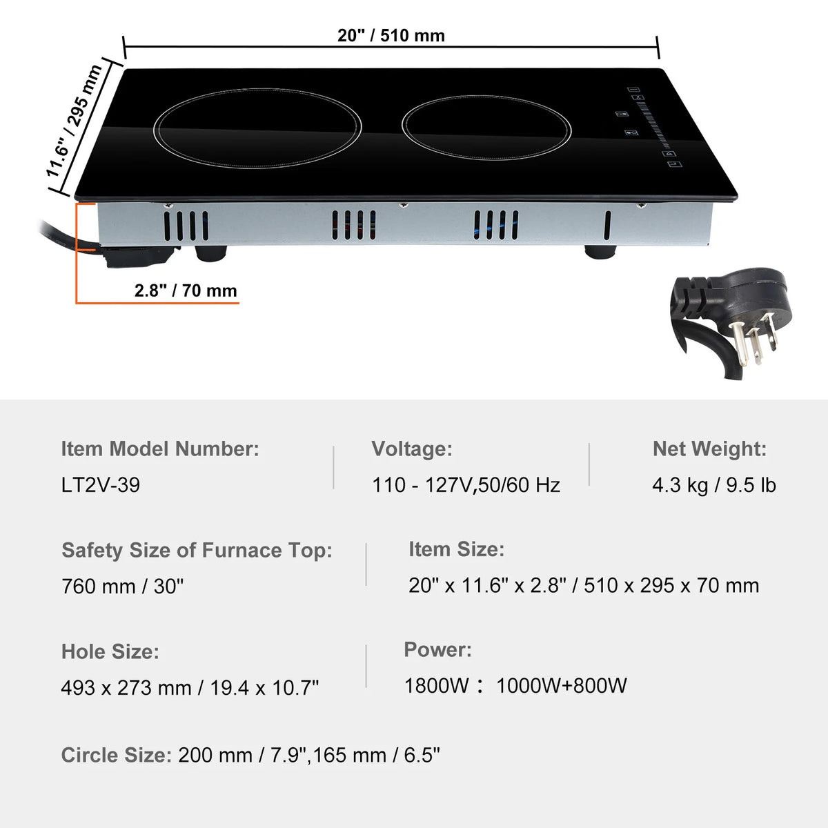KFFKFF Integrated Electric Cooking Surface, Dimensions 20 x 11.6 inches, Dual Heating Elements, 240V Glass-based Heat Conductor with Sensitive Touch Commands, Inclusive of Timer & Safety Lock for Kid