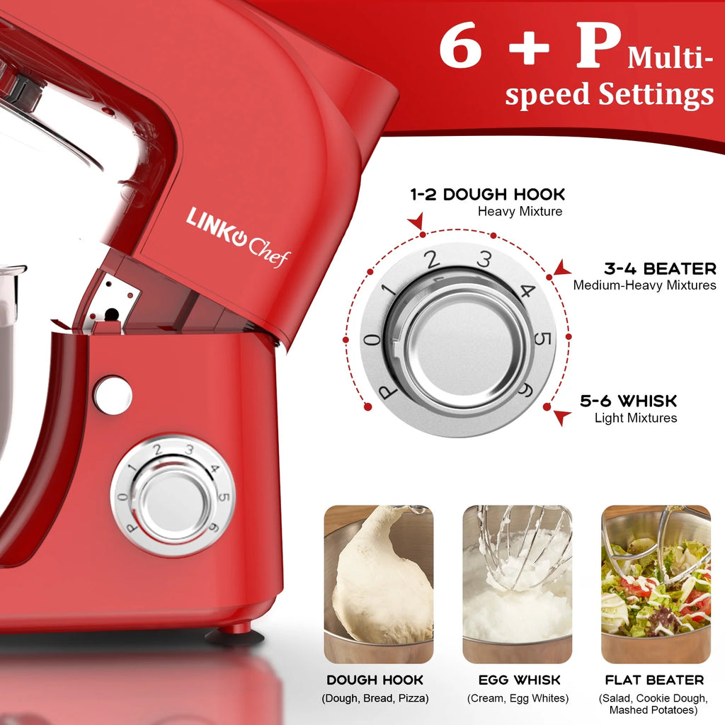 LINKChef Stand Mixer, 5.3QT 800W 6+P Speeds with Whisk, Dough Hook and Beater (White)