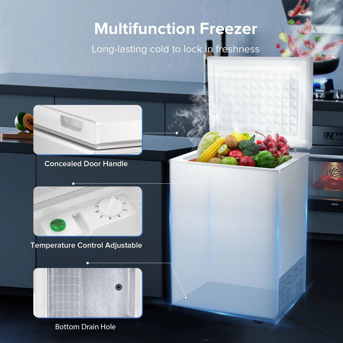 KNDKO 2.8cu.ft Chest Freezer, Freestanding Top Open Door Mini Freezer with Adjustable 7 Thermostat, Removable Basket and Bottom Defrost Water Drain for Apartment/Home, White