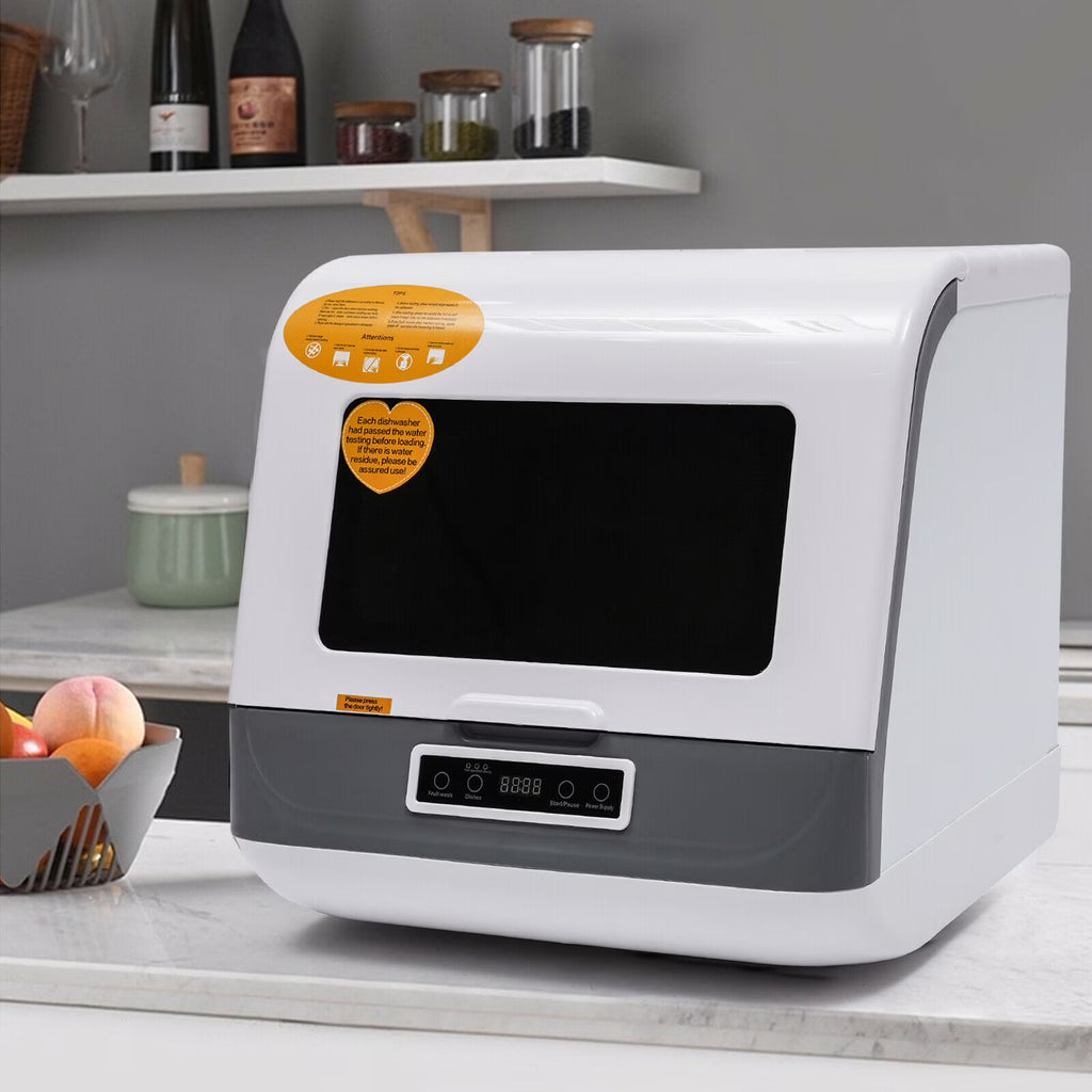 Fichiouy Portable Countertop Dishwasher 3 Programmes with LED Display&Water Pipe Air Dry Function White