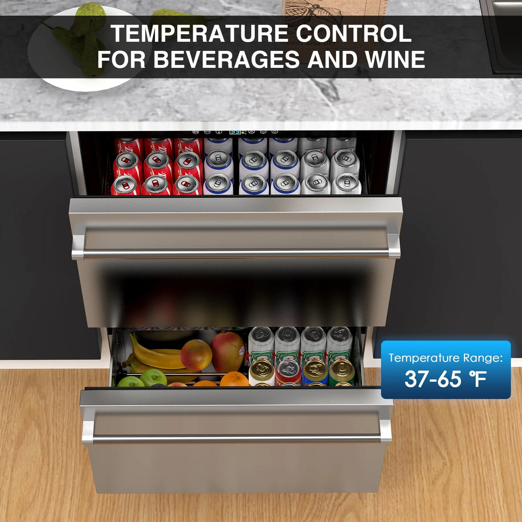 QAUSOU 24 Inch Under Counter Double Drawer Fridge, Weather Proof Stainless Steel Outdoor Beverage Refrigerator for Patio