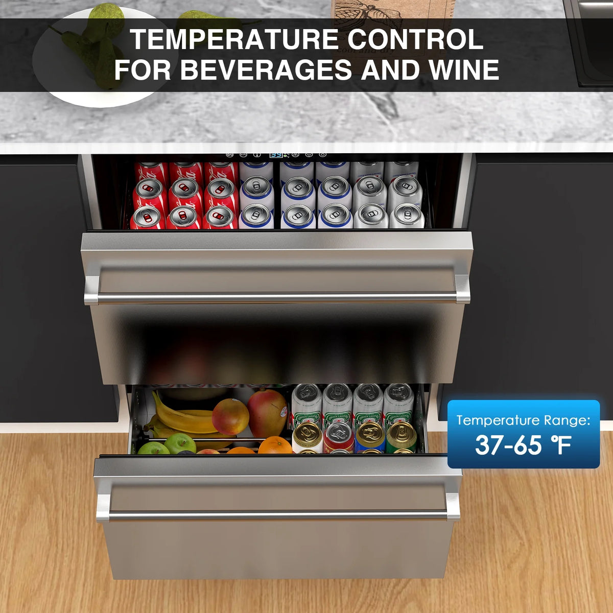 QAUSOU 24 Inch Under Counter Double Drawer Fridge, Weather Proof Stainless Steel Outdoor Beverage Refrigerator for Patio