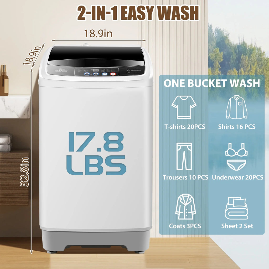 Veeboto Portable Washing Machine 15.6lbs Full-Automatic Washer, Compact Wash & Dry Combo with Drain Pump for Home, Dorms, Apart, White