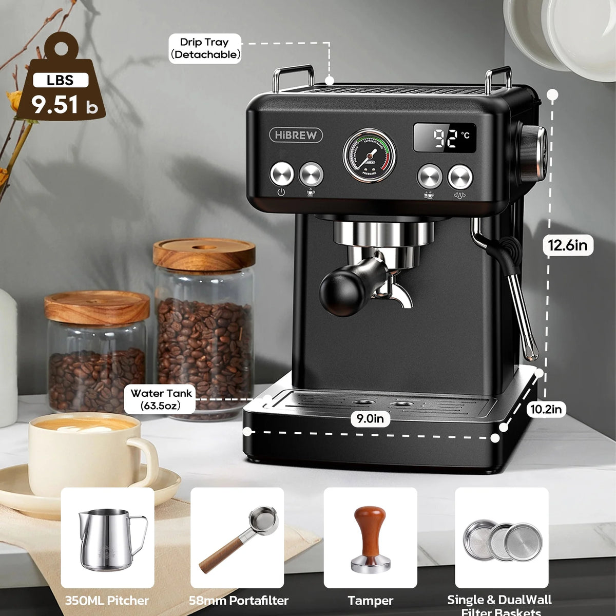 HiBREW 58mm Espresso Machine H10A, 20 Bar Coffee Maker with Milk Frother Steam Wand, Stainless Steel Coffee Machine for Home Use