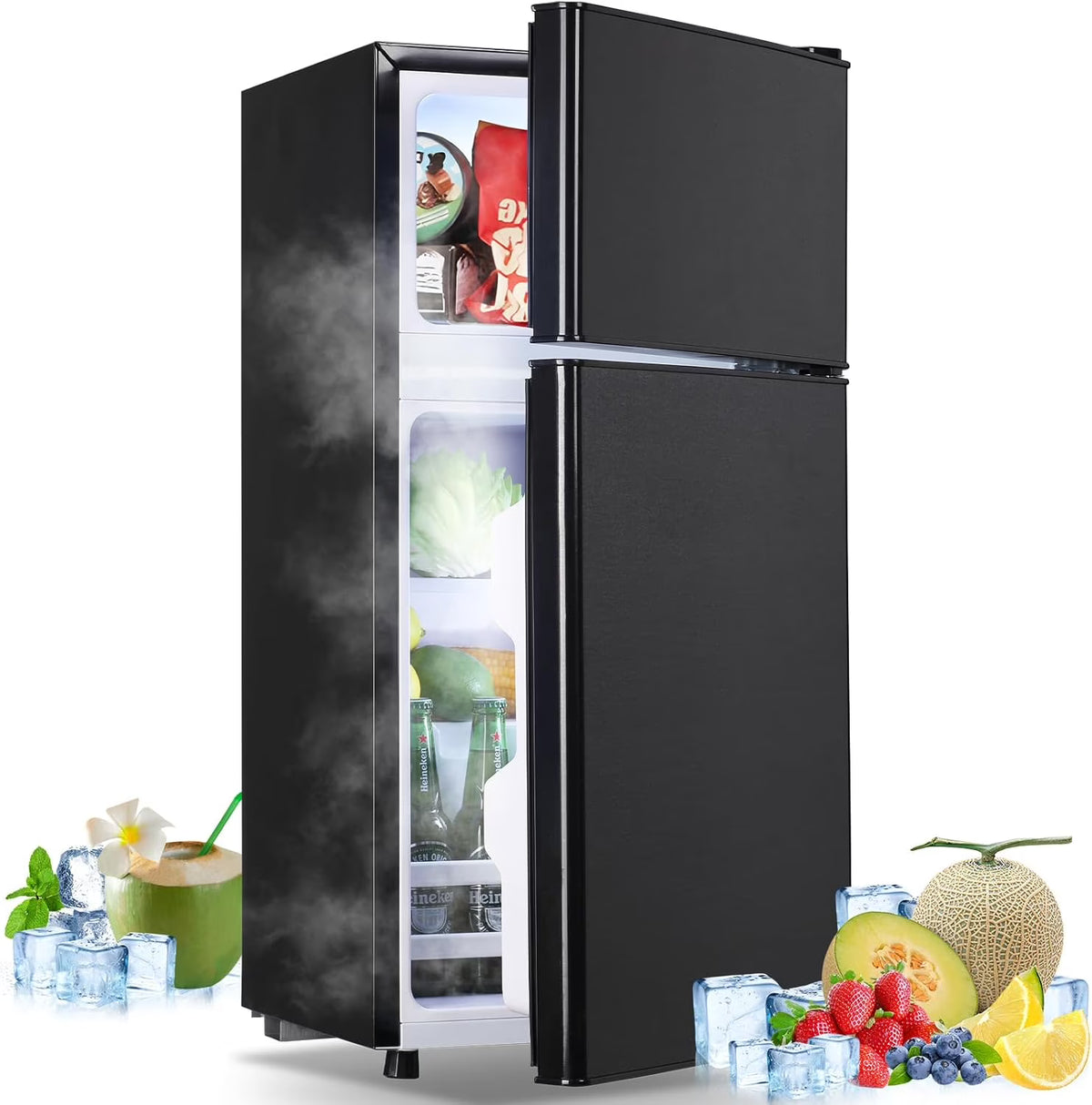 Tacool Small Mini Fridge with Top Freezer Compact Refrigerator Dual Door with Adjustable Thermostat Black for Home New
