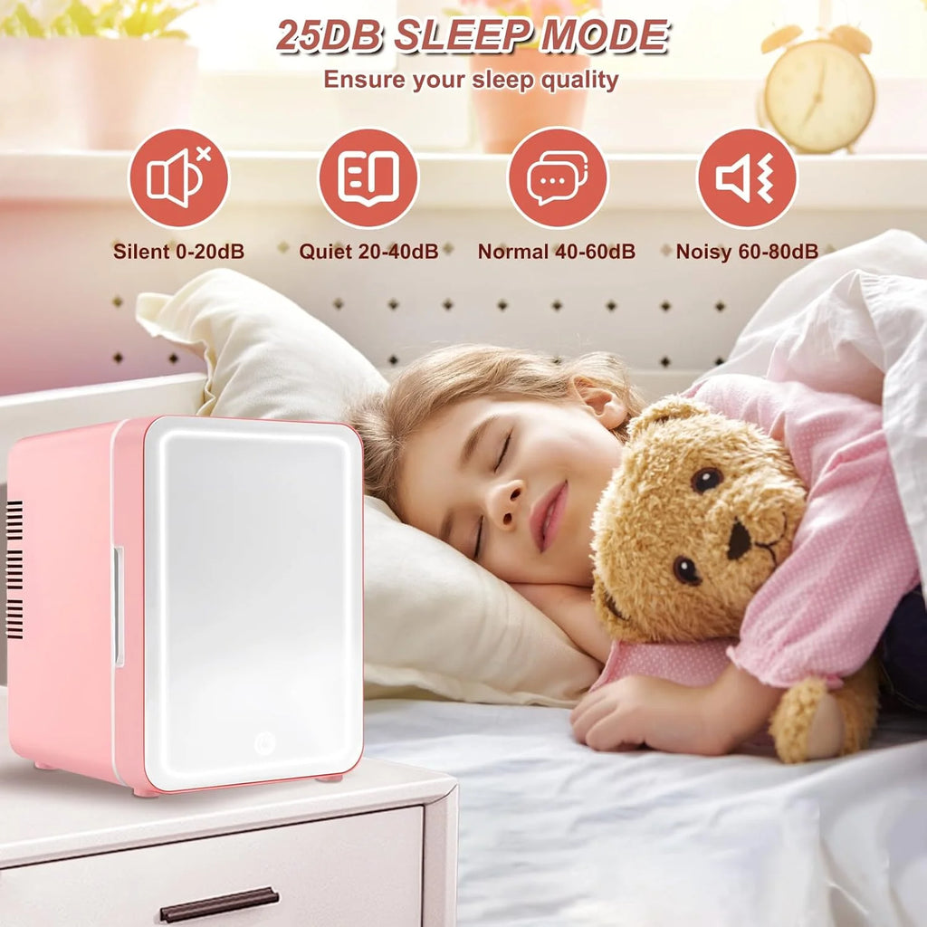 Mini Fridge for Bedroom, Skincare Fridge With Dimmable LED Light Mirror,4L Makeup Mini Fridge,Cooler & Warmer,Compact Small Refrigerator,for Bedroom, Car,For Cosmetics, Skincare And Food,Pink