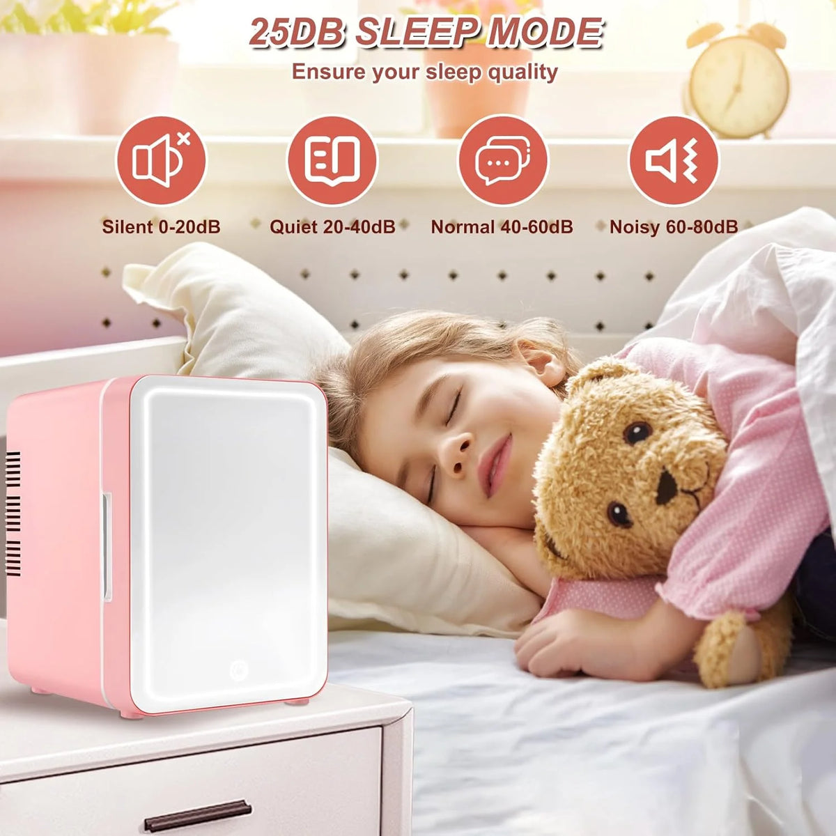 Mini Fridge for Bedroom, Skincare Fridge With Dimmable LED Light Mirror,4L Makeup Mini Fridge,Cooler & Warmer,Compact Small Refrigerator,for Bedroom, Car,For Cosmetics, Skincare And Food,Pink