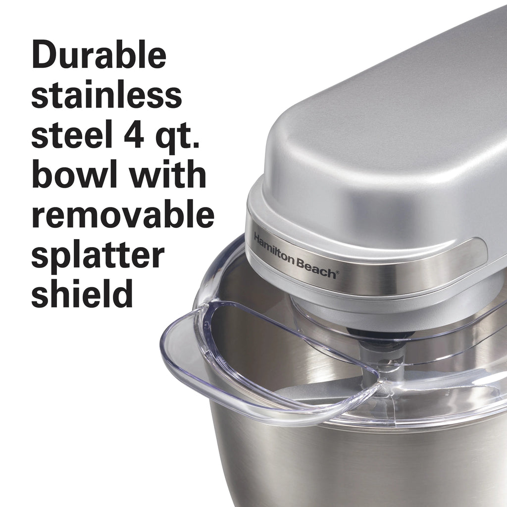 Hamilton Beach 4 Quart Stand Mixer for Kitchen, 7 Speeds, Tilt-Head, Dough Hook, Whisk & Flat Beater, White