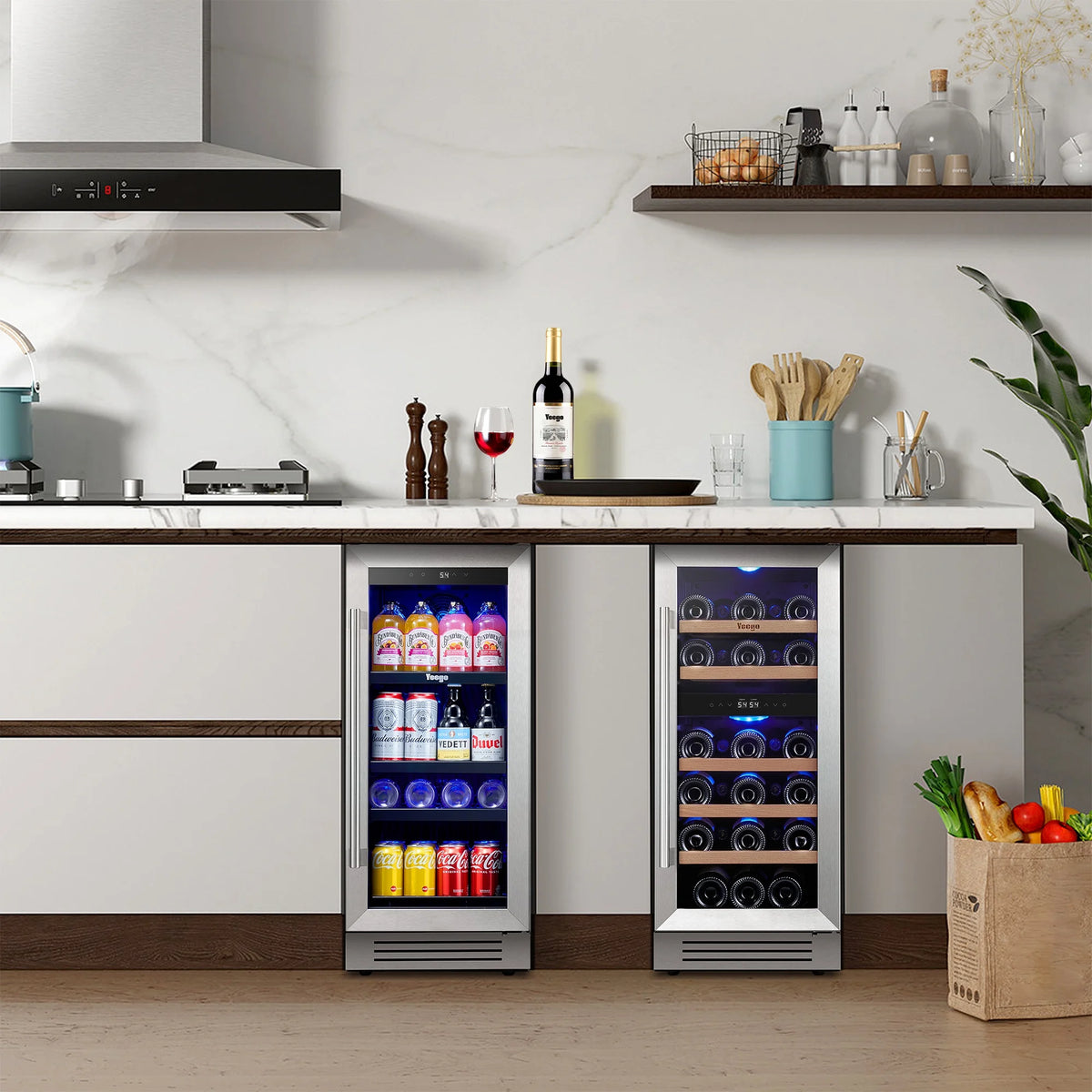 Yeego 30" Wine and Beverage Refrigerator,Two 15" Wine and Beverage Cooler Under Counter or Freestanding, Hold 33 Bottles and 80 Cans(Two Pack)
