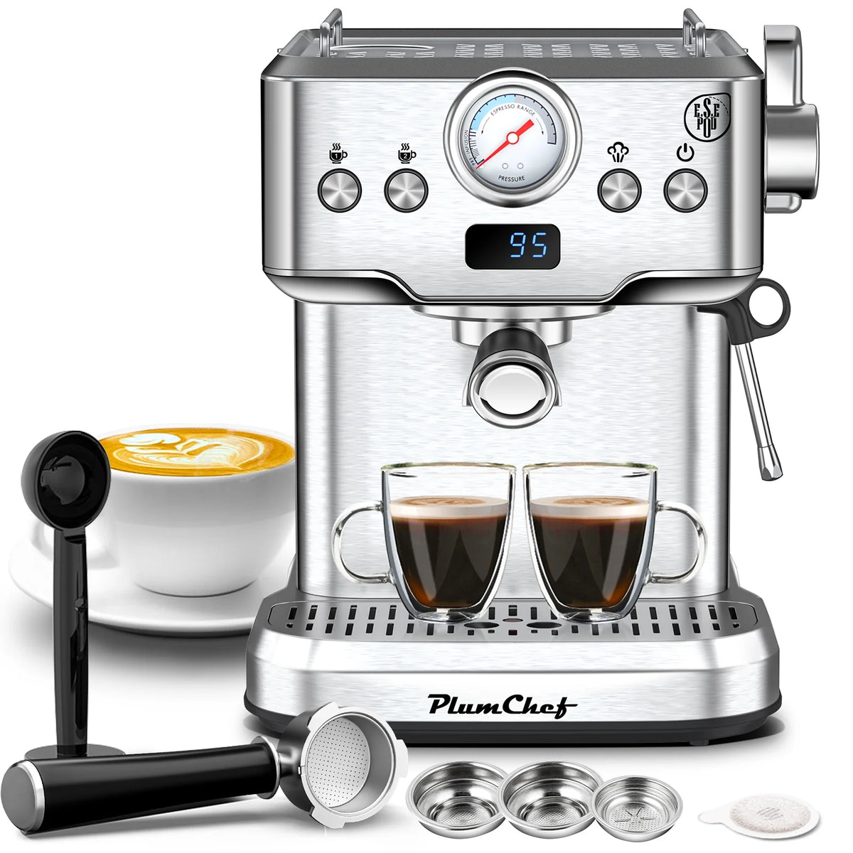 Plum Chef Espresso Machine 20 Bar Maker Coffee Machine 1.8L Water Tank, Stainless Steel, Silver