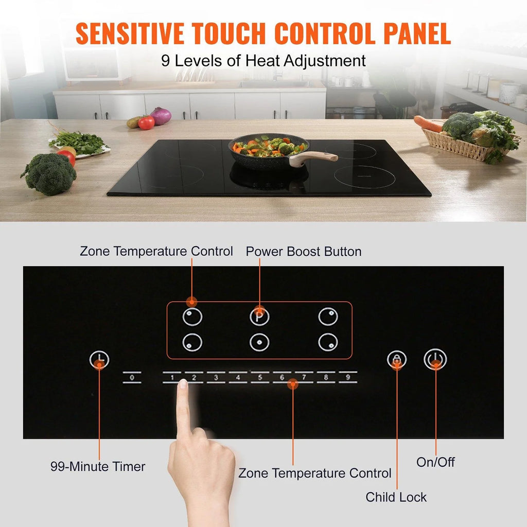 Choco Moon Induction Cooktop 5 Burners, 30'' Stove Top, Built-in Magnetic 9200W, 9 Heat Levels, LED Touch Screen, Child Lock, Over-Temp Protection, Easy Cooking