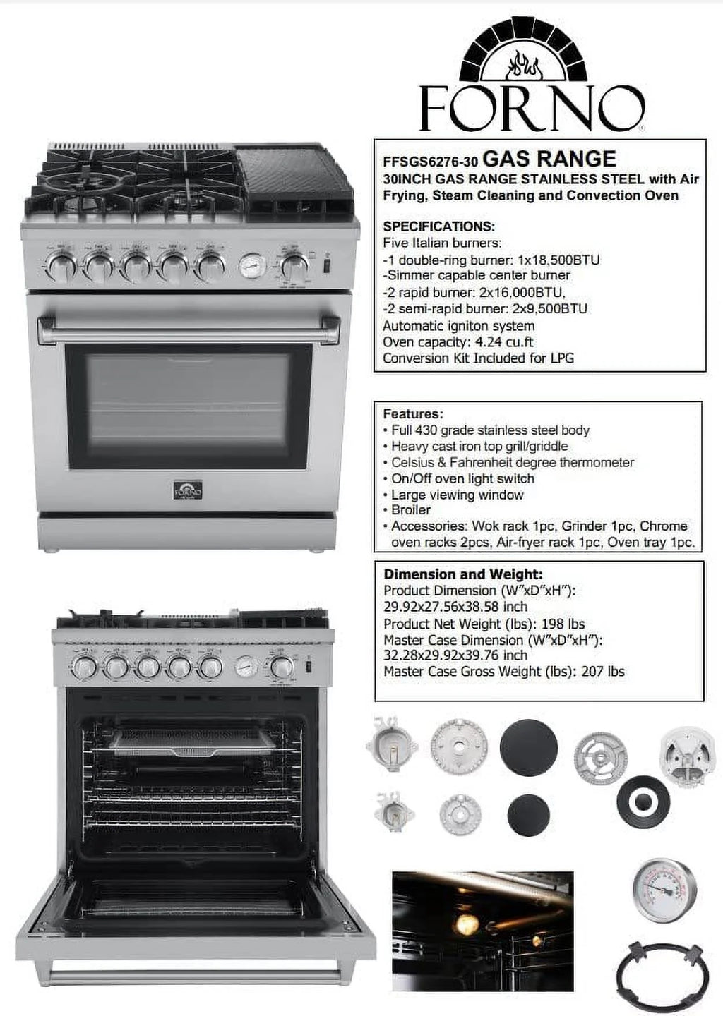 Forno Lazio 30-Inch Freestanding Gas Range, 4 Burners, Convection Oven, Energy Efficient