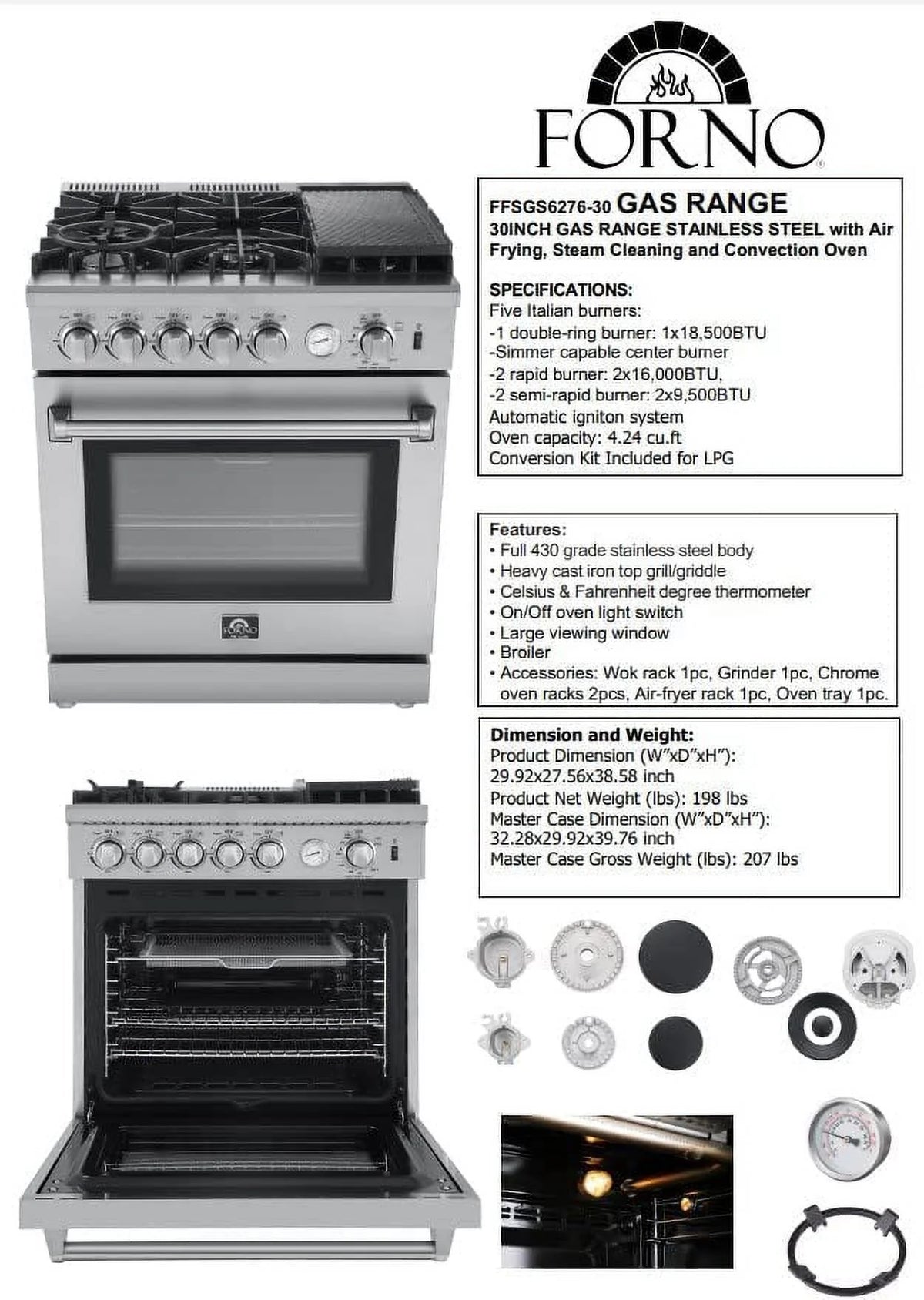 Forno Lazio 30-Inch Freestanding Gas Range, 4 Burners, Convection Oven, Energy Efficient