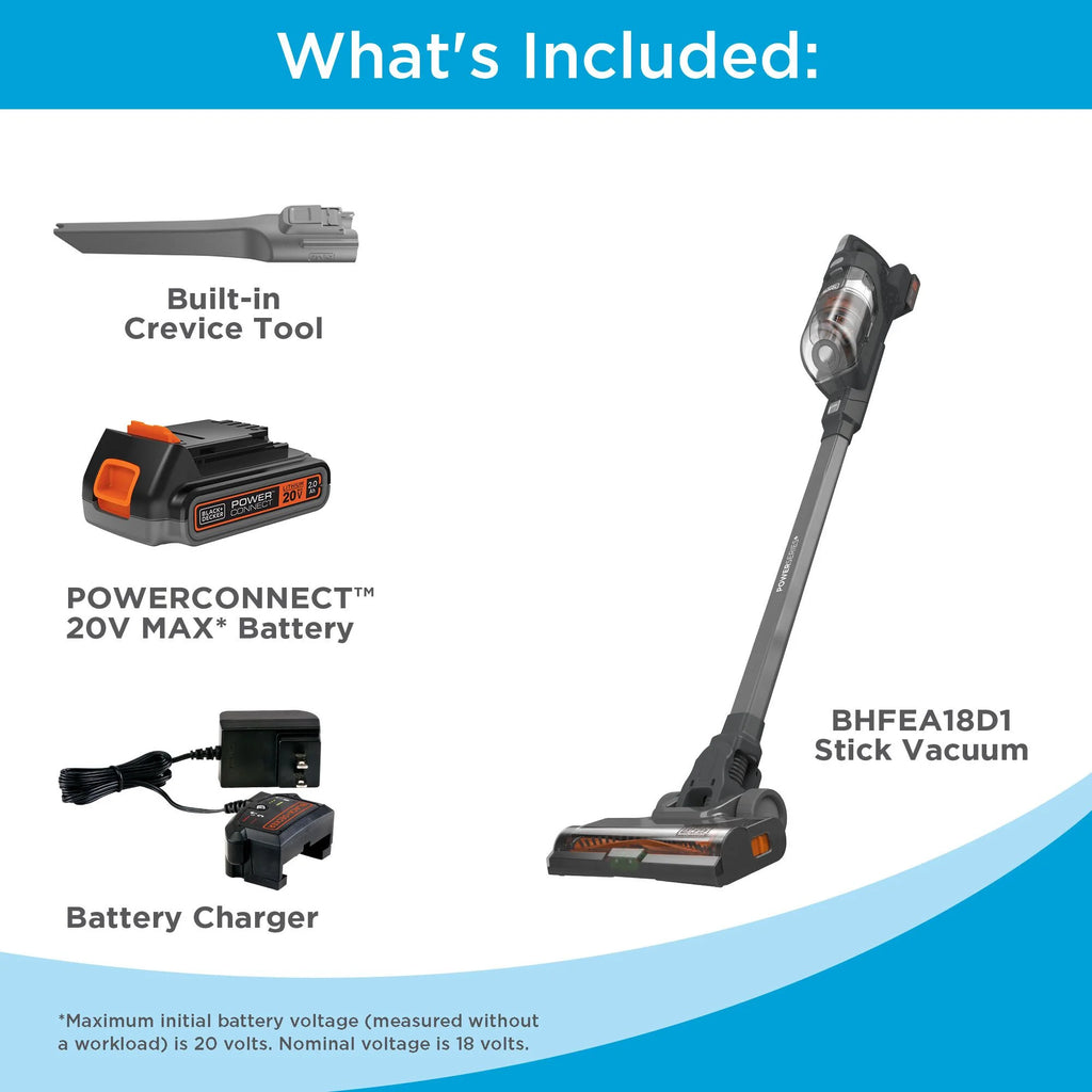 BLACK+DECKER POWERSERIES+ 20V MAX* Cordless Stick Vacuum Kit, for Carpet and Hard Floors, Convertible to Handheld, 44 Minute Run-time, for Daily Cleaning, BHFEA18D1