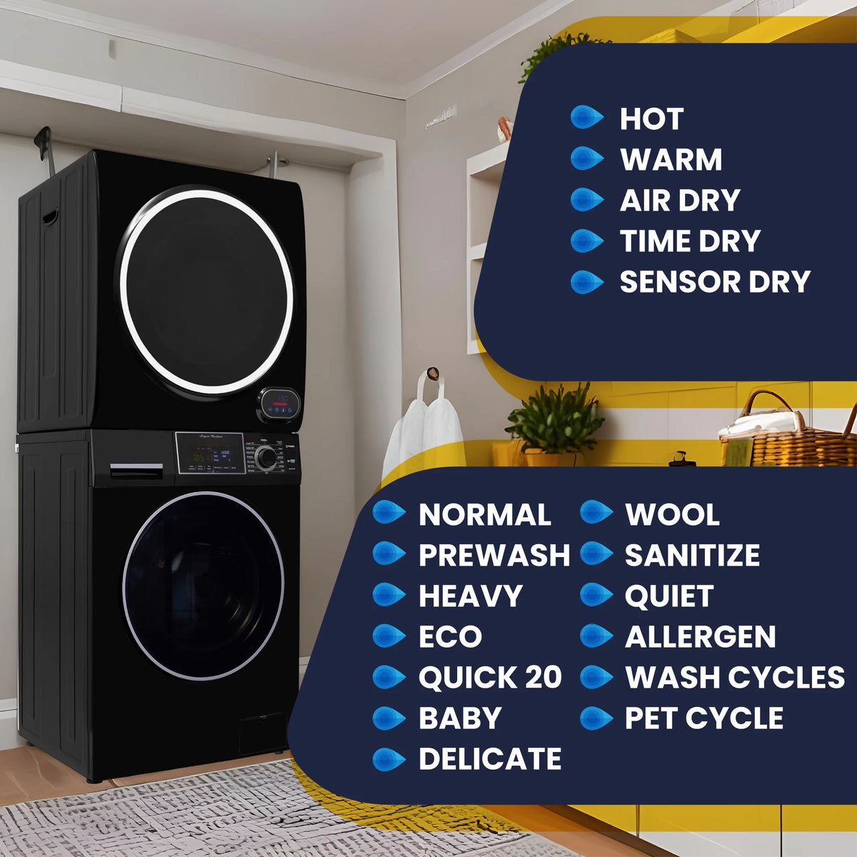 Equator 110V 1.6 cf Washer w/ Pet Cycle & 110V 3.5cf Vented Digital Sensor Dryer in Black