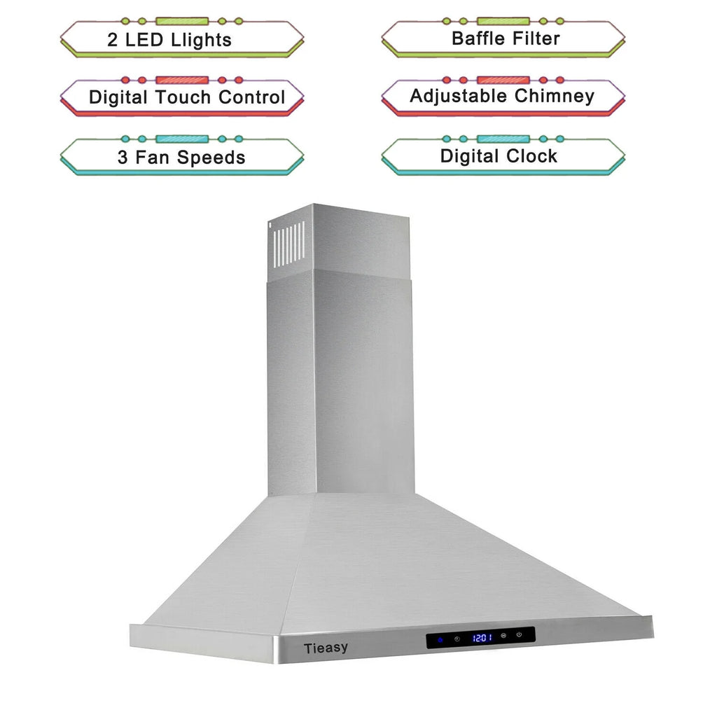30 inch 760 CFM Wall Mount Range Hood Stainless Steel Stove Cook Vent LED Lights
