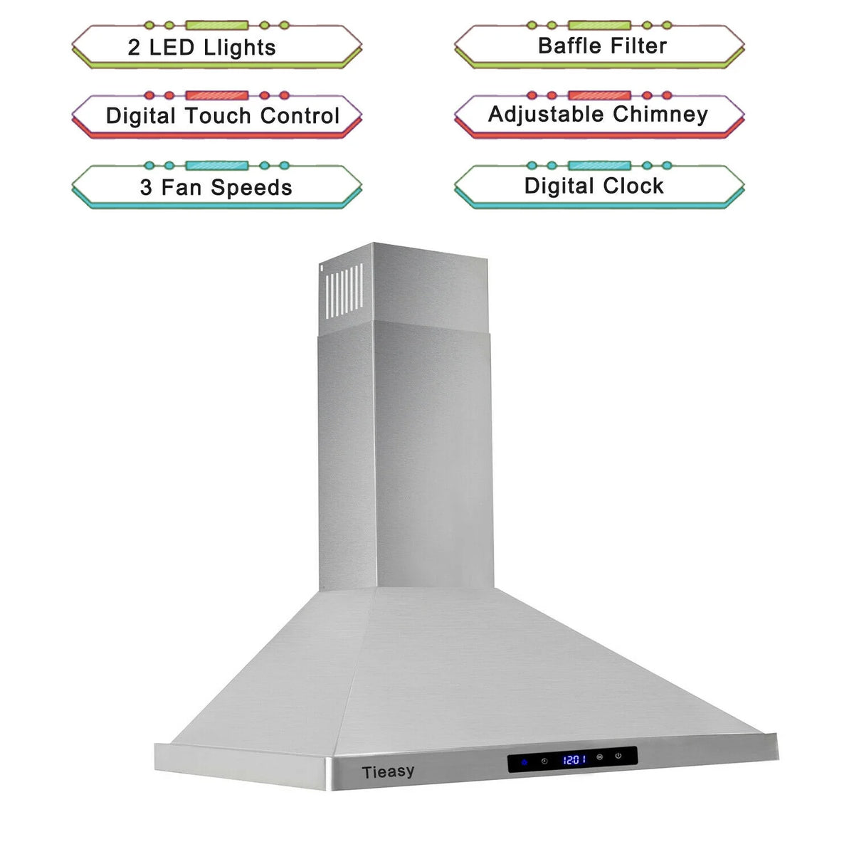 30 inch 760 CFM Wall Mount Range Hood Stainless Steel Stove Cook Vent LED Lights