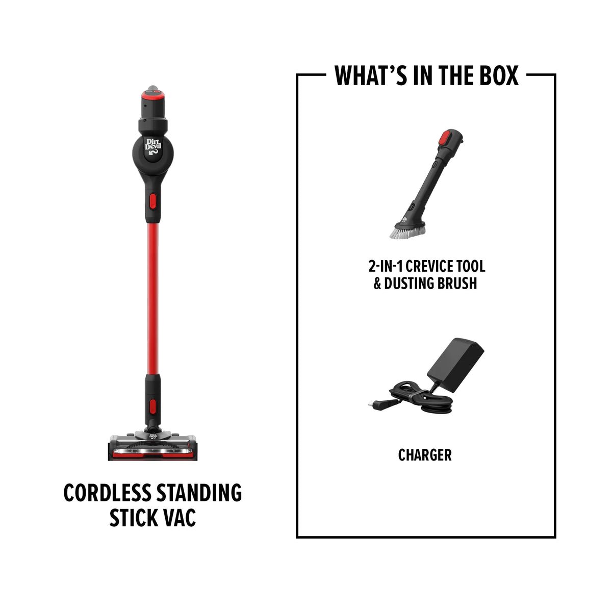 Dirt Devil Cordless Standing Stick Vacuum Cleaner, Carpet & Hard Floors, Above Floor Cleaning, LED Headlights, Lightweight, 25 Min. Run Time, for Home Use, BD57010V