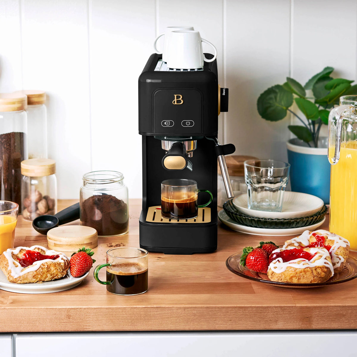 Beautiful Slim Espresso Machine with 20-Bar Pressure, Black Sesame by Drew Barrymore