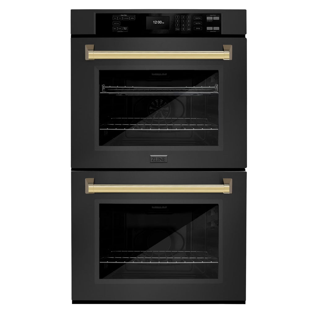 ZLINE 30 in. Autograph Edition Professional Convection Double Wall Oven with Air Fry and Self Clean in Black Stainless Steel with Polished Gold Handles (WADBZ-30-G)