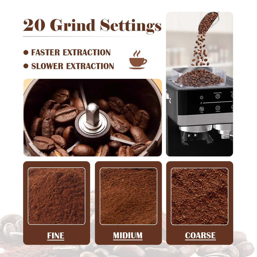 Bluebow Espresso Machine with Grinder, 20Bar Semi-Automatic Coffee Maker with Milk Frother, Professional Cappuccino Latte Machine for Home, Office