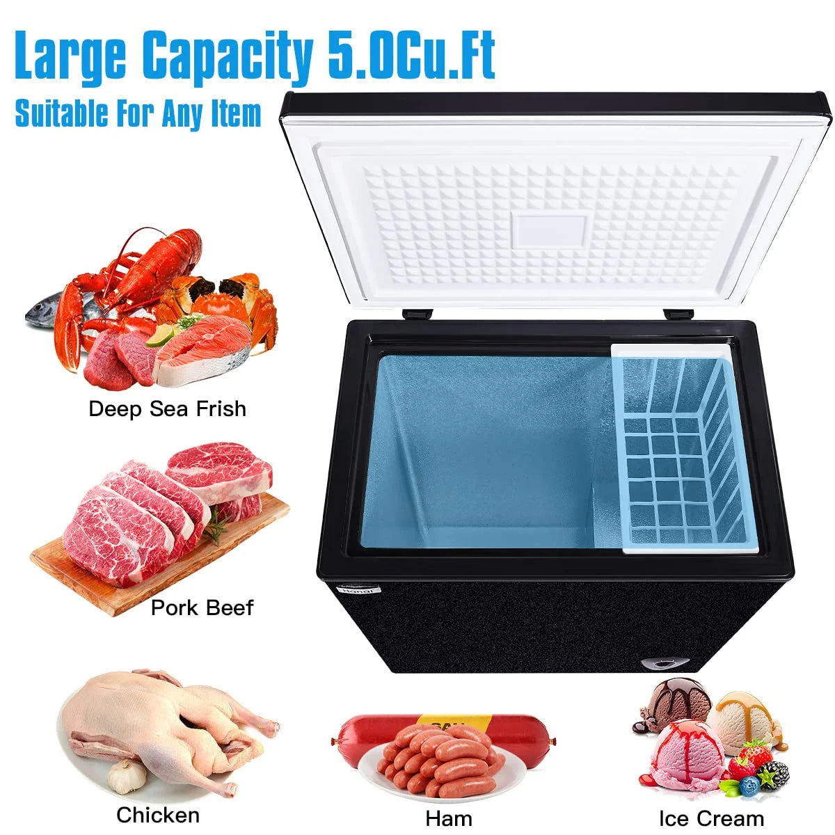 WANAI 5.0 Cu.ft,Chest Freezer,Deep Freezer,Removable Storage Basket Freezer,Black