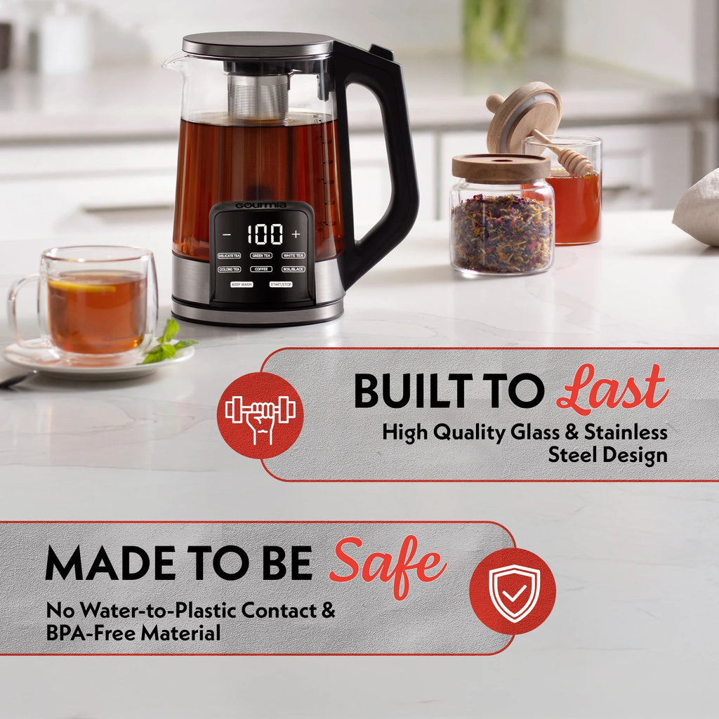Gourmia 1.7L Programable Glass Kettle with Touch Display, Infuser, Black