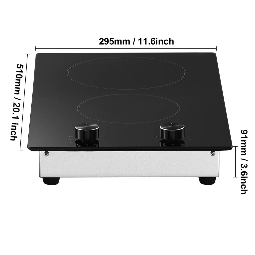KFFKFF Built-in 2 Burner Electric Cooktop, 12" Electric Range, 3000W Electric Stove Top with Smooth Ceramic Surface, Rotary Dial, 11 Temperature Settings, 220-240V, Direct Wiring Required