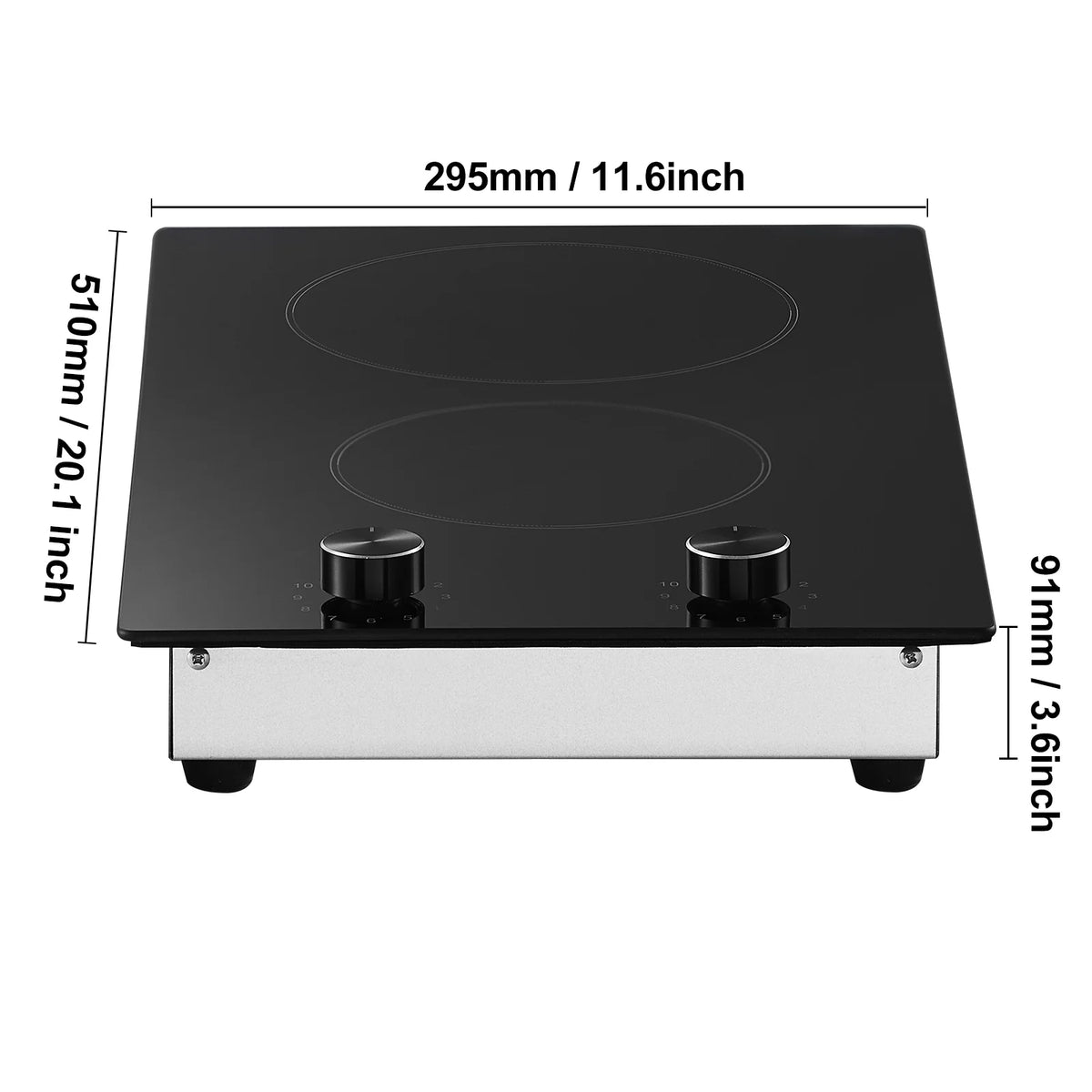KFFKFF Built-in 2 Burner Electric Cooktop, 12" Electric Range, 3000W Electric Stove Top with Smooth Ceramic Surface, Rotary Dial, 11 Temperature Settings, 220-240V, Direct Wiring Required