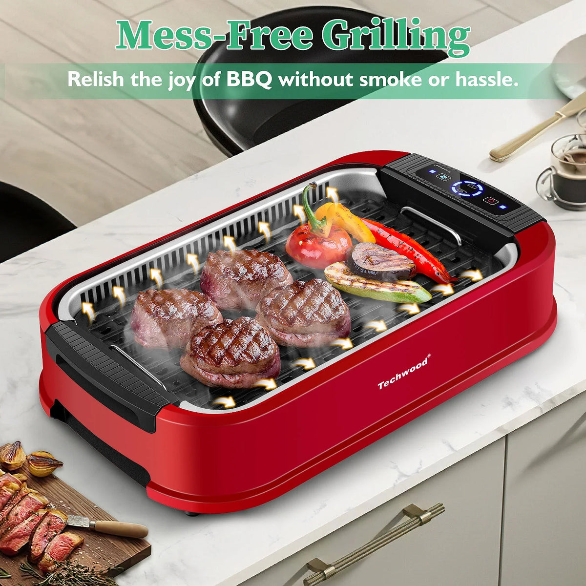 Techwood Indoor Smokeless Grill, 1500W, Black, Electric Portable Korean BBQ Grill with Tempered Glass Lid