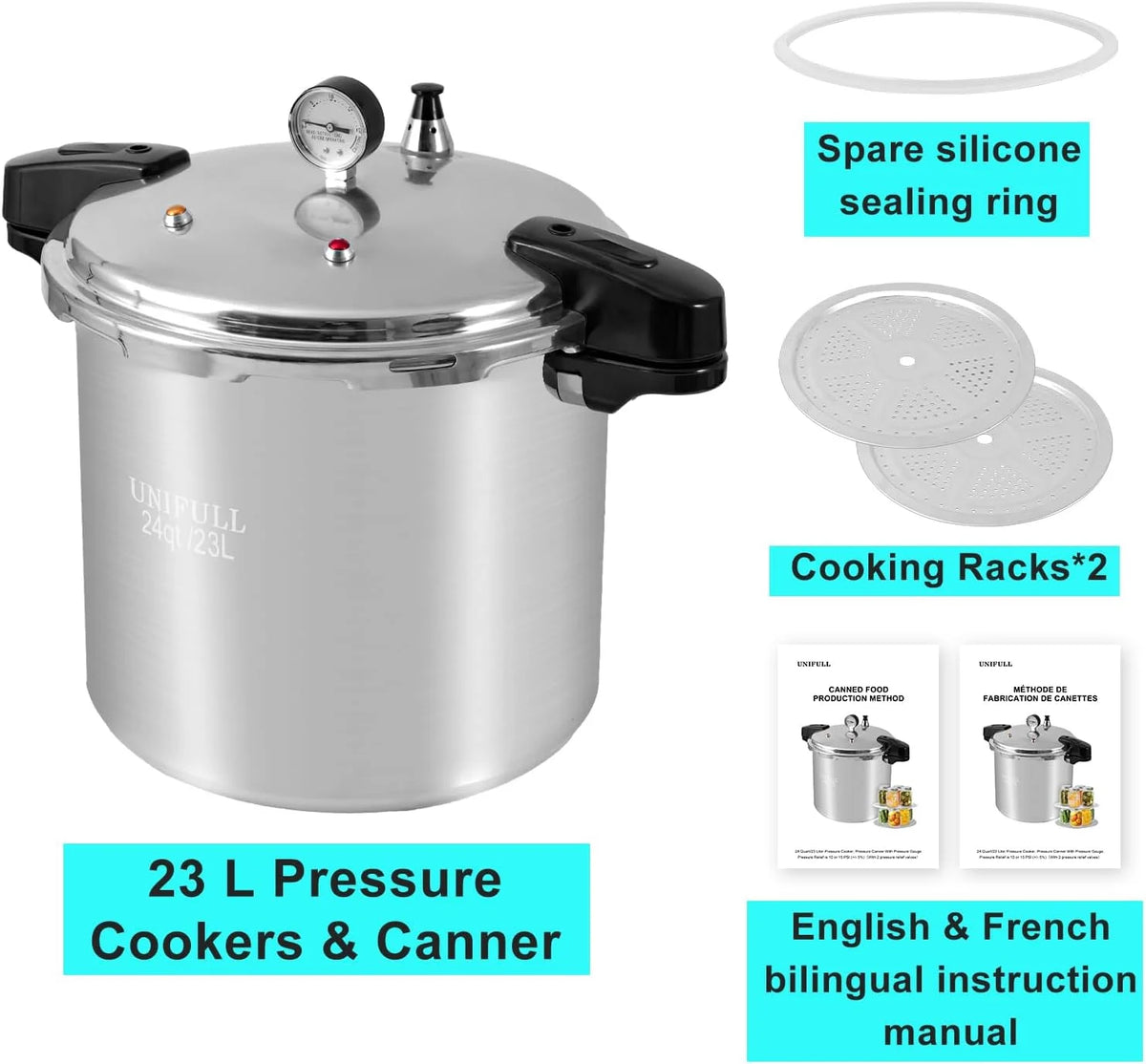 UNIFULL 24 Quart/23 Liter Pressure Cooker,Pressure Canner with Pressure Gauge,Pressure Relief Valve - 15 PSI,and Sealing Ring