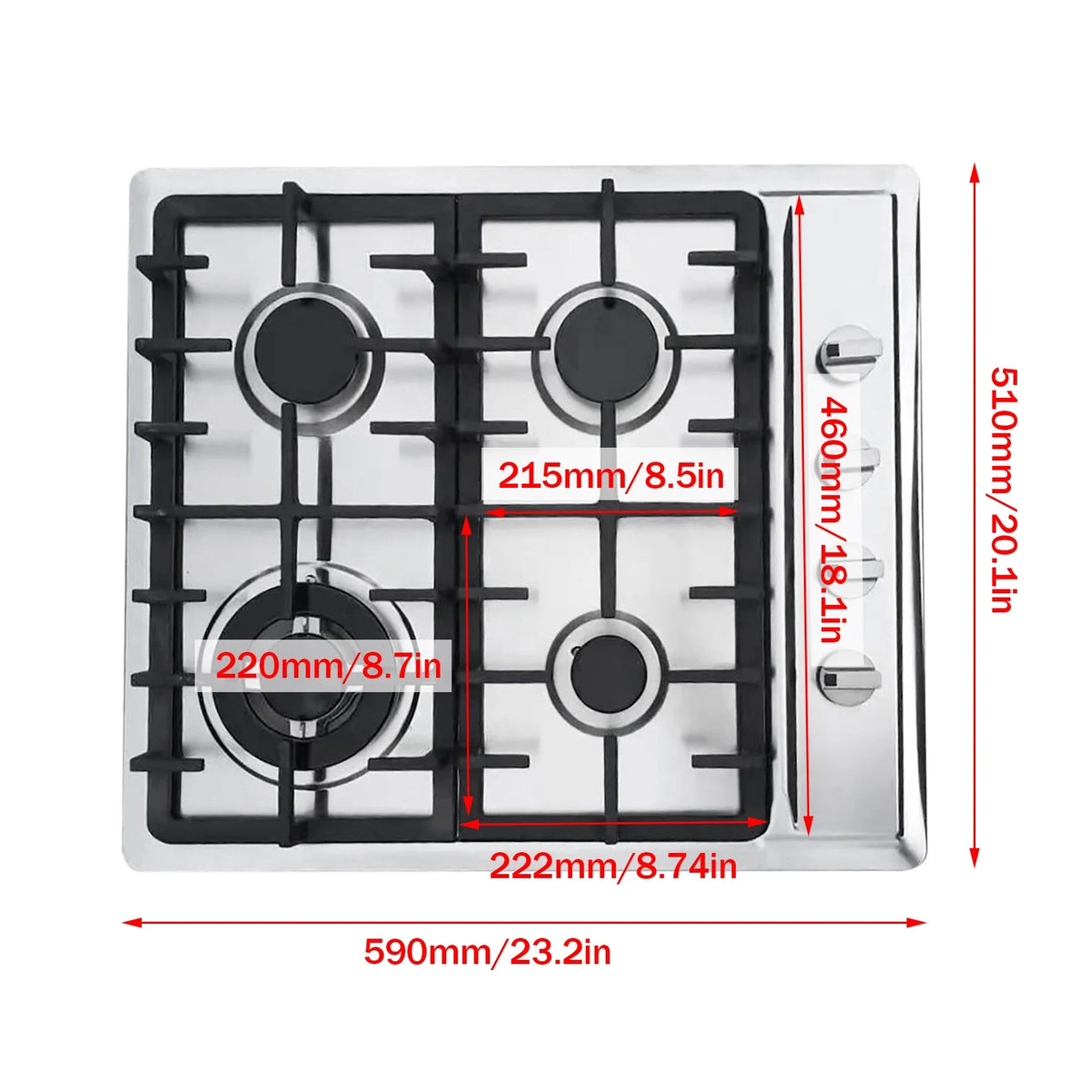 Stainless Steel 4-Burner Gas Stove, 3.0KW+1.75KW+1.0KW, Built-In Cooktop with Rotary Switch for Homes, Restaurants