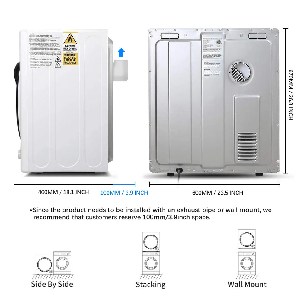 CTT 3.5 Cu. Ft. Clothes Dryer, 1500W Electric Dryers for Clothes, Electric Clothes Dryer with Stainless Steel Drumble for 13.2 lbs. with 4 Automatic Drying Modes (White)