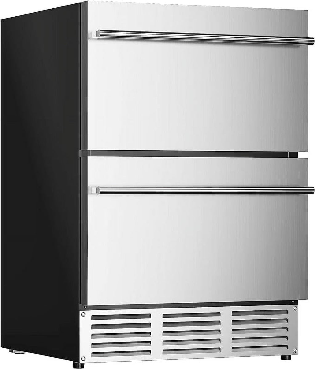 QAUSOU 24 Inch Under Counter Double Drawer Fridge, Weather Proof Stainless Steel Outdoor Beverage Refrigerator for Patio